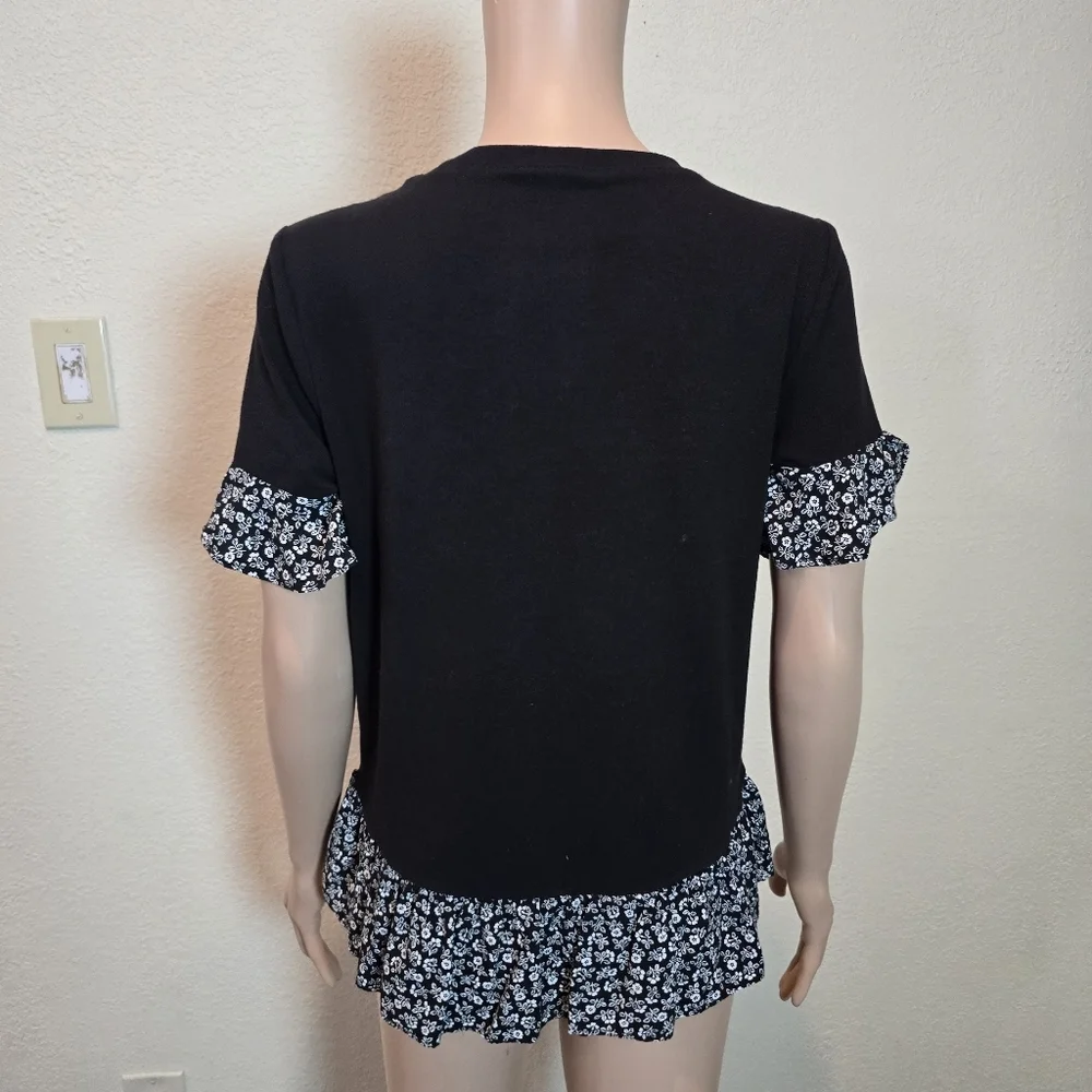 Kate Spade Women's Black Ruffle-Hem Short Sleeve Top Xs